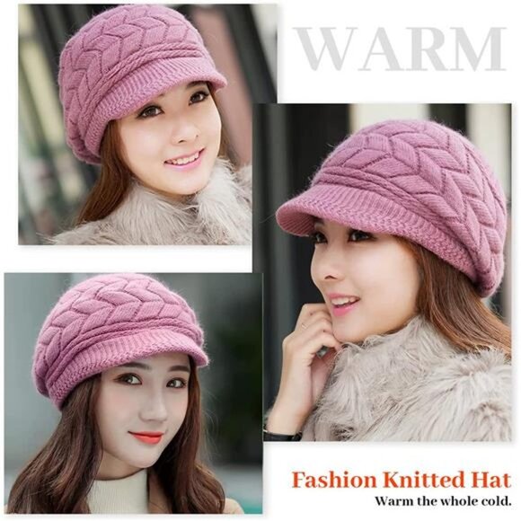 Women\'s 2 Piece Fleece Lined Snow Ski Caps Slouchy Winter Hat with Visor